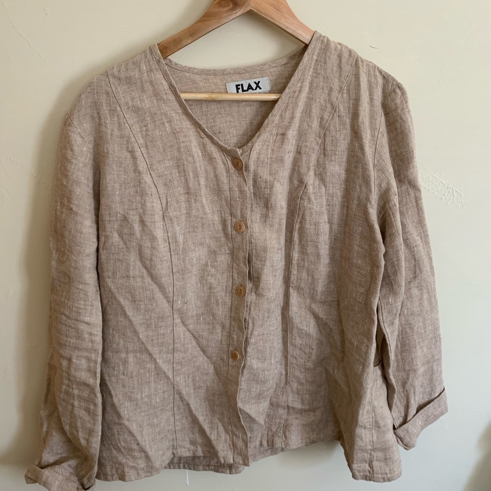 Flax Tan Button-Up Linen Blouse
